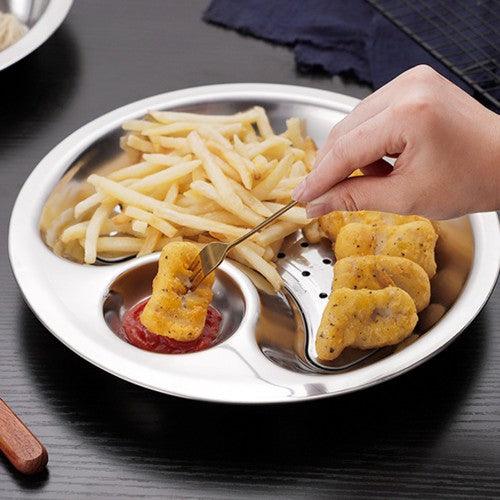 Multifunctional Stainless Steel Plate with Dipping Saucer Round Double-layer Water Oil Draining Tray 28cm - Toytexx Multifunctional Stainless Steel Plate with Dipping Saucer Round Double-layer Water Oil Draining Tray 28cm - Toytexx